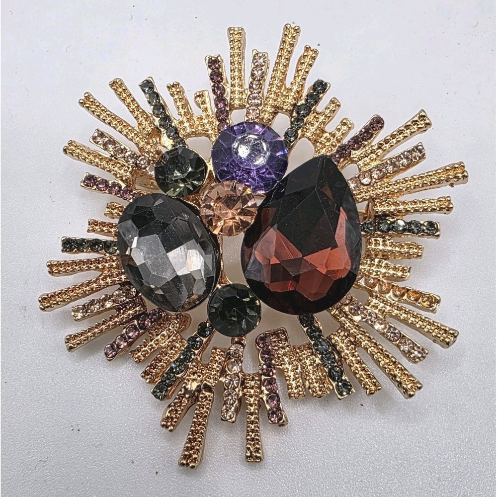 Starburst Brooch With Multicolor Rhinestones Beautiful 3D Fashion Jewelry
